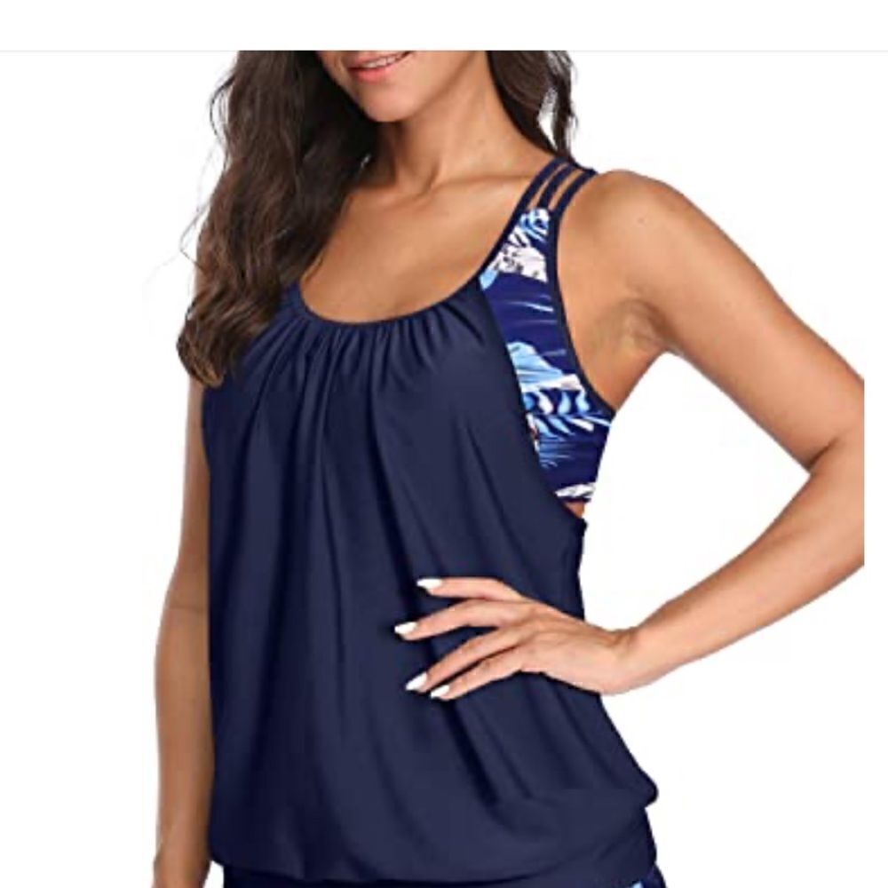 Yonique Women’s Blue Floral Racerback Tankini Swim Top, Size S, NWT